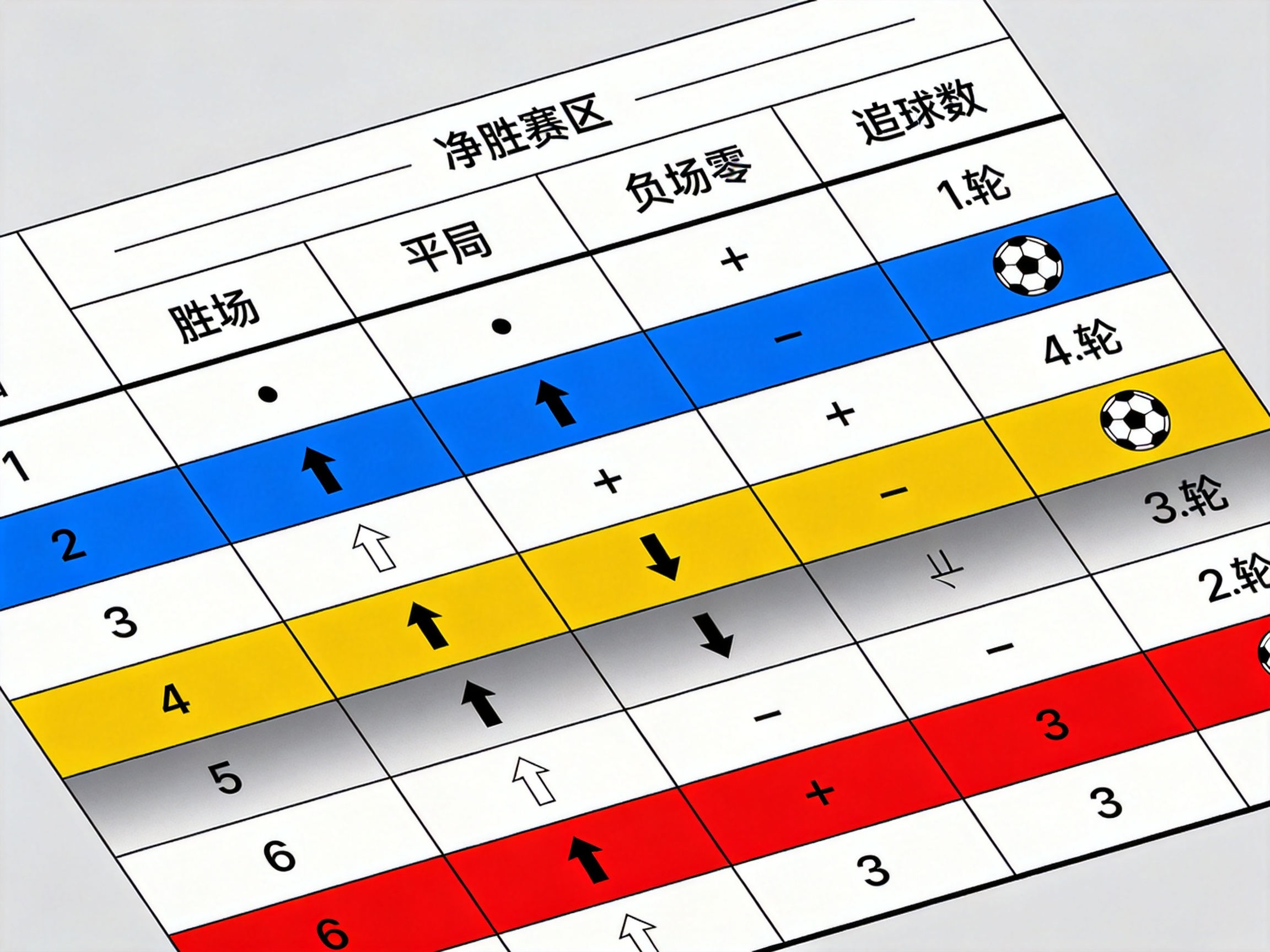 足球联赛积分榜表格示意图，用于说明排名字段与名次分区标记